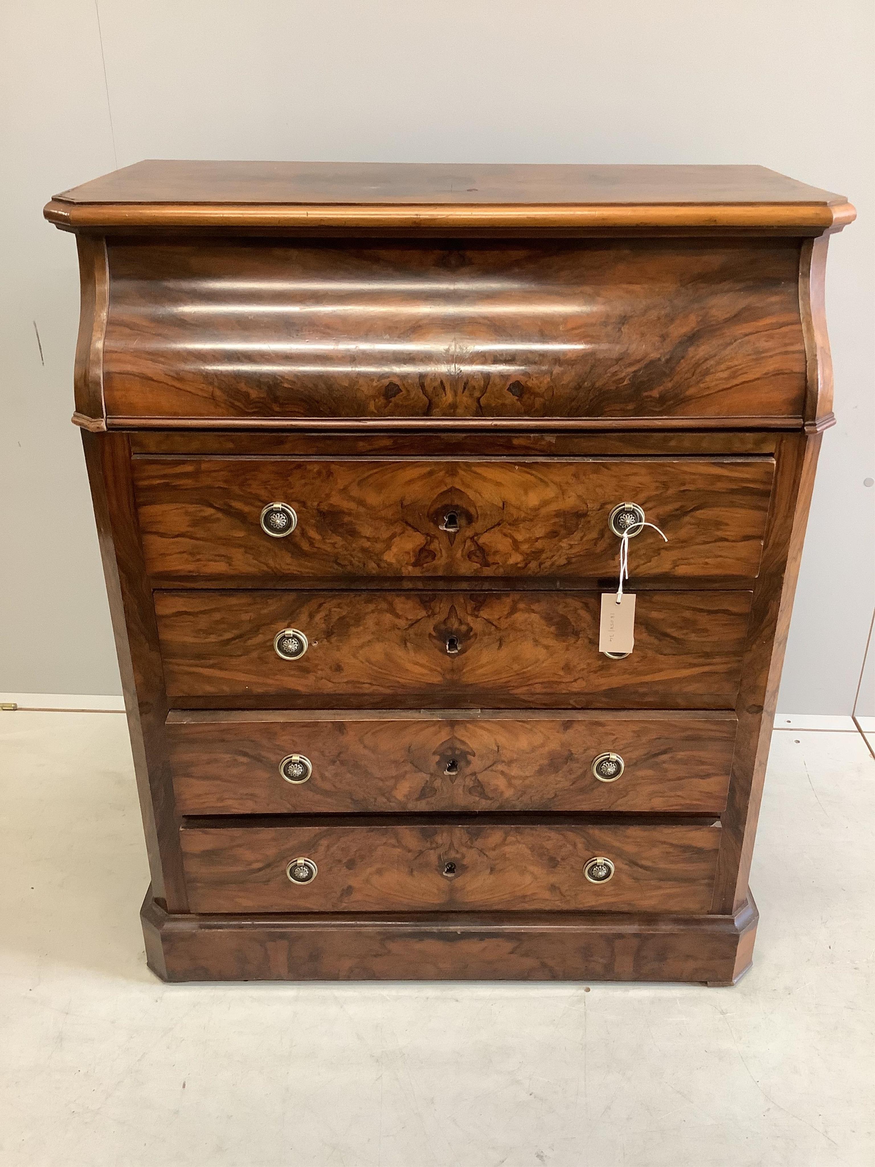 A 19th century French figured walnut enclosed washstand, width 80cm, depth 44cm, height 95cm. Condition - poor to fair